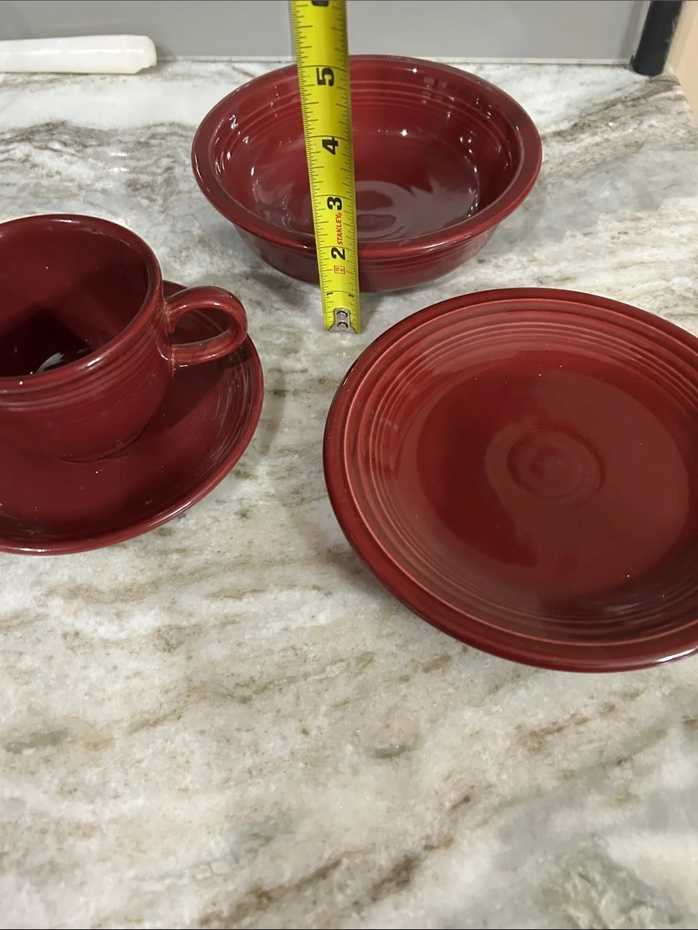 Fiesta claret burgundy 4 piece set cup& saucer cereal bowl & 7” salad dessert pl